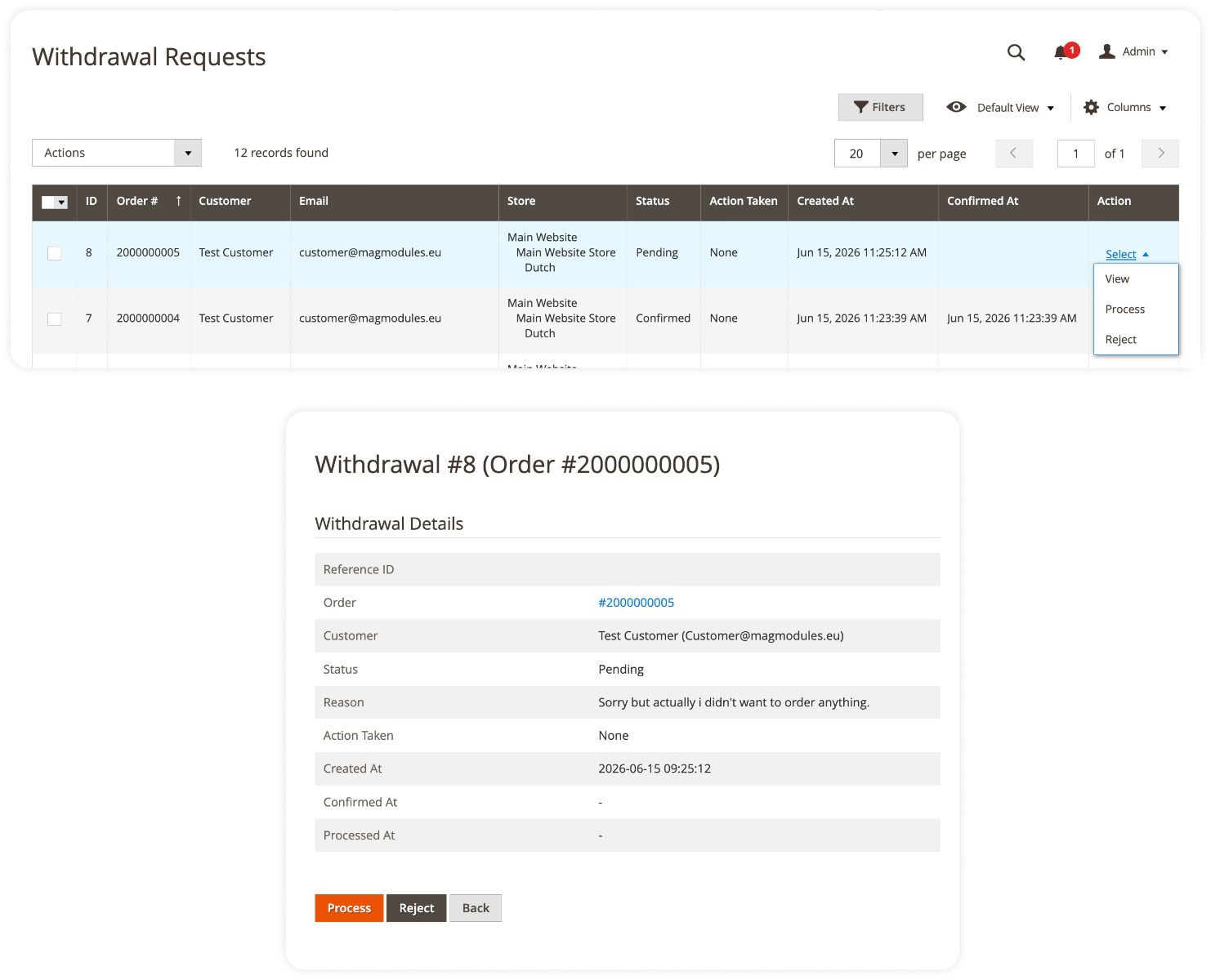 Magento 2 Withdrawal Requests admin grid
