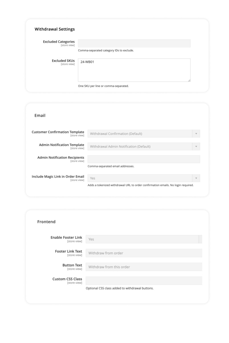 Magento 2 withdrawal eligibility and exclusion settings
