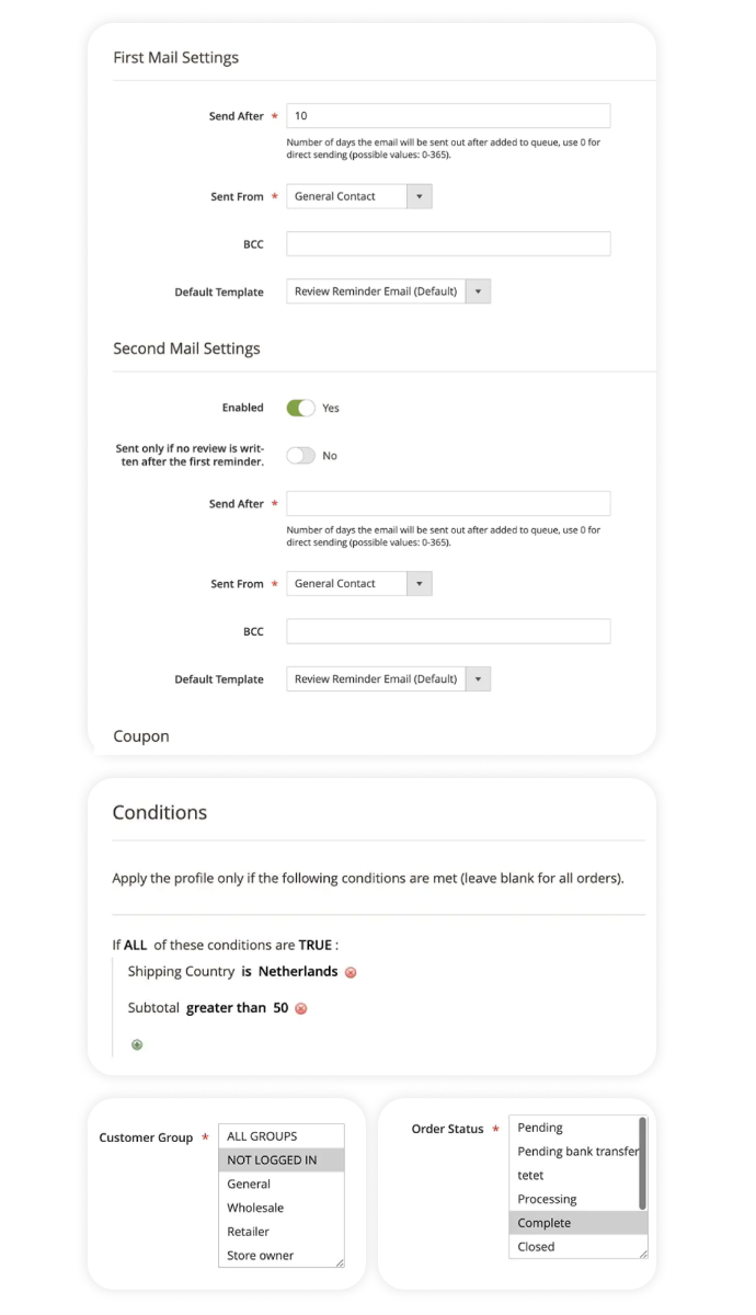 Magento 2 review reminder invitation profiles and conditions