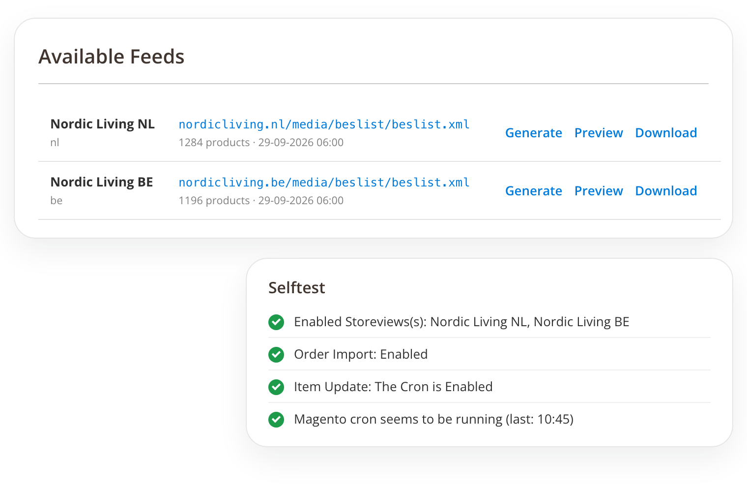 Available Beslist.nl feeds and self-test in the Magento admin