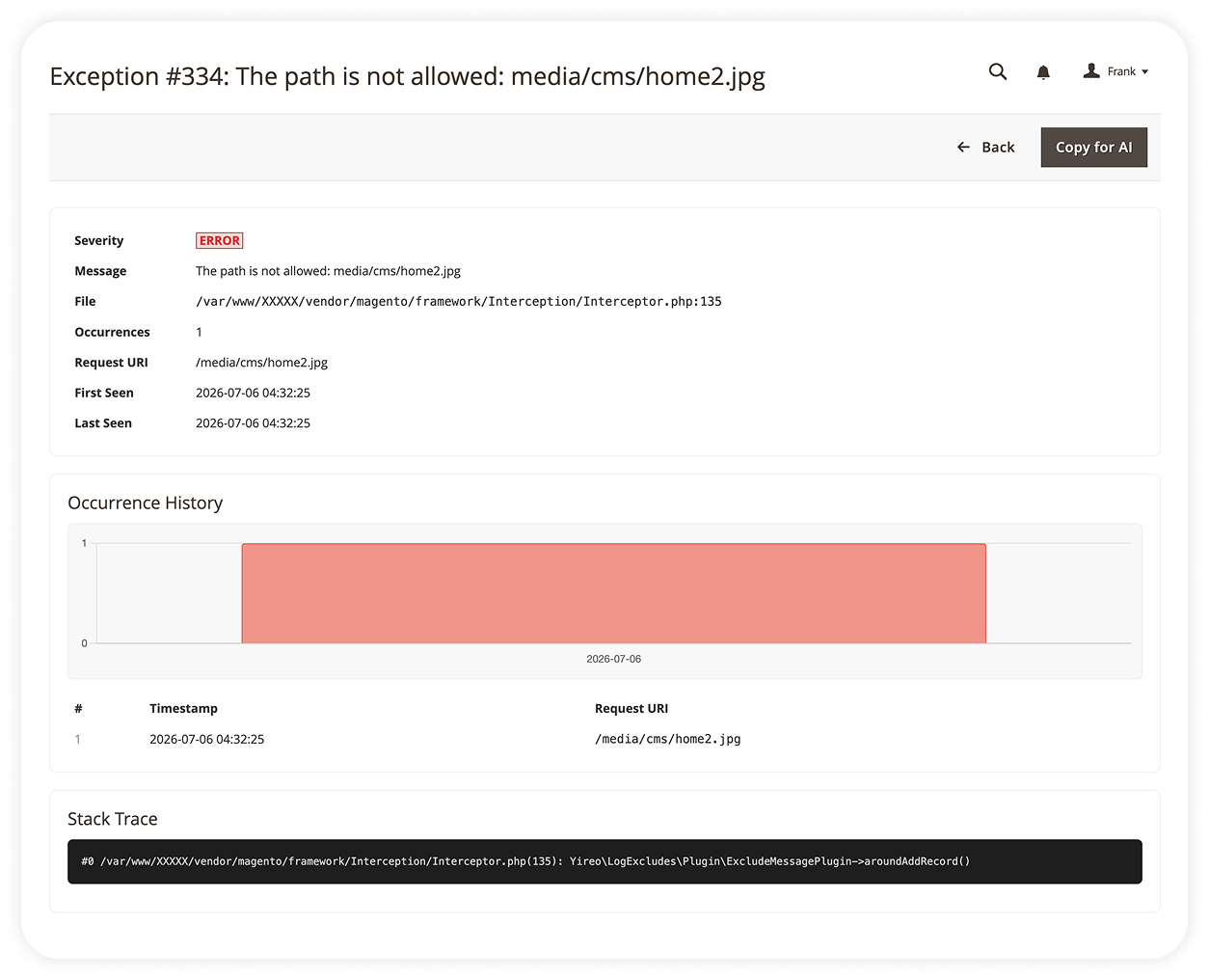 Magento 2 Exception Monitor admin grid