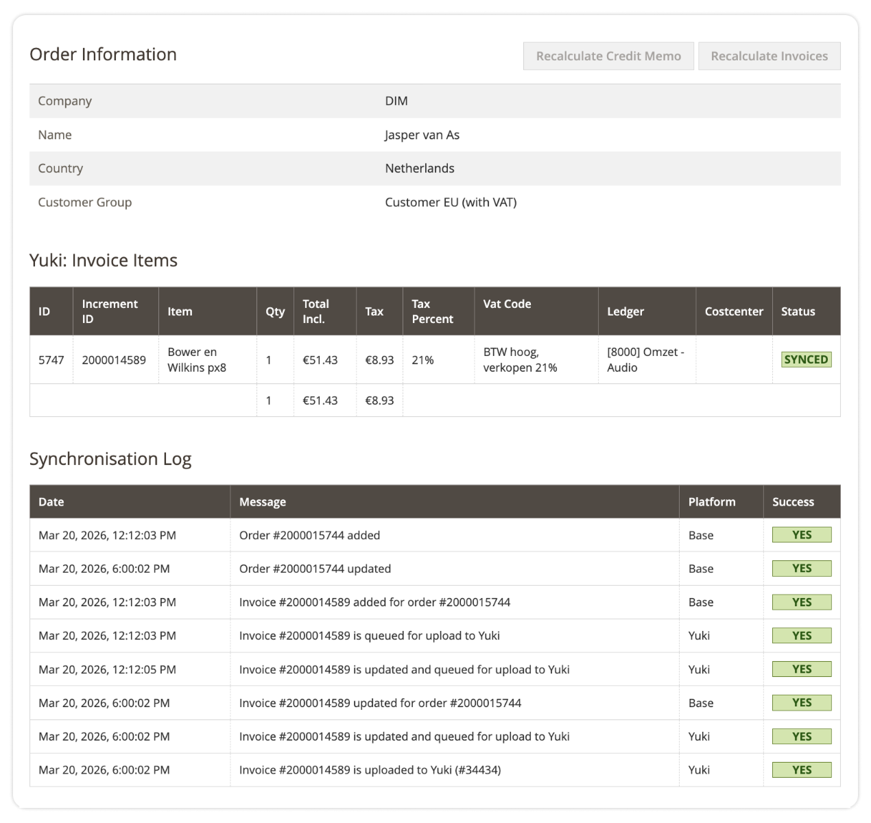Yuki overview in Magento admin