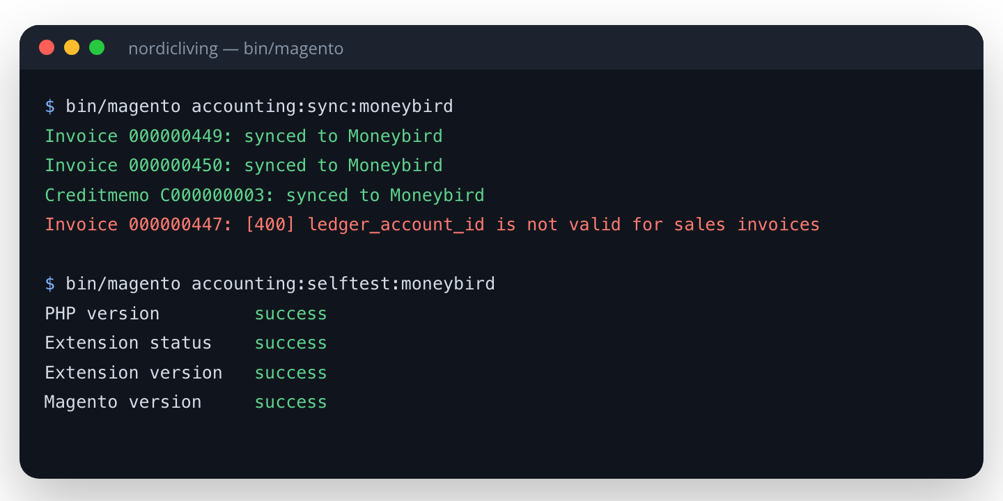 Moneybird sync and self-test commands in the Magento CLI