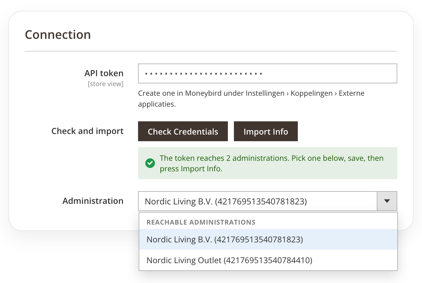 Moneybird connection settings in the Magento 2 admin