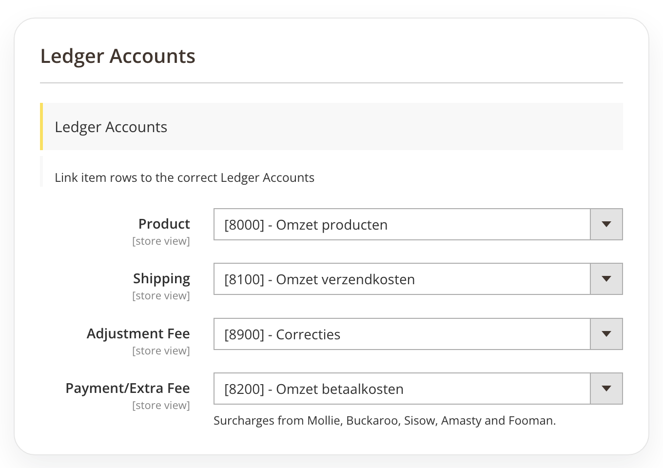Ledger account settings for the Moneybird integration