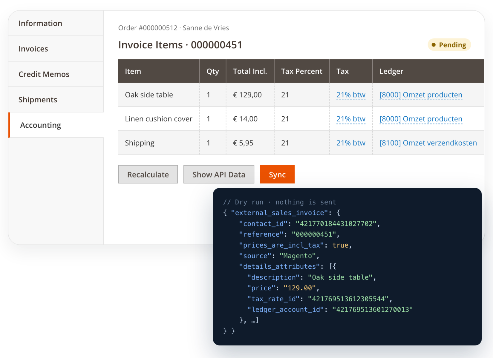 Accounting tab with invoice lines and a dry run in a Magento order