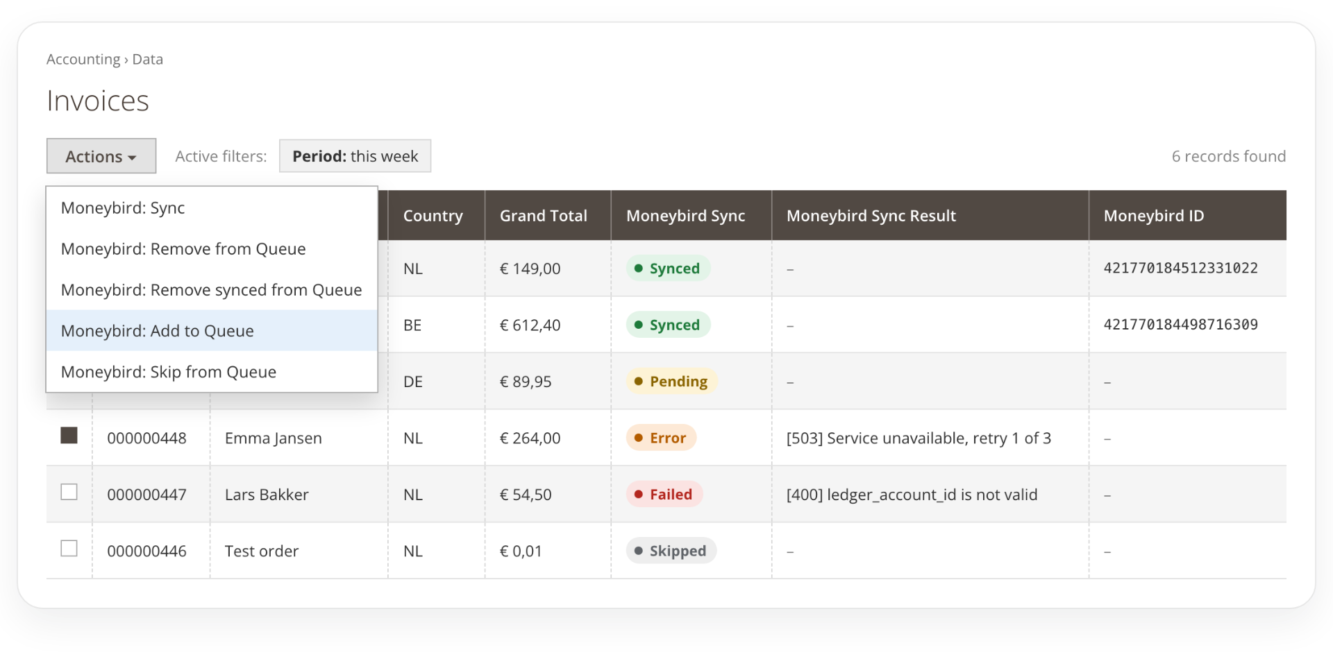 Moneybird invoice queue with sync status in Magento 2