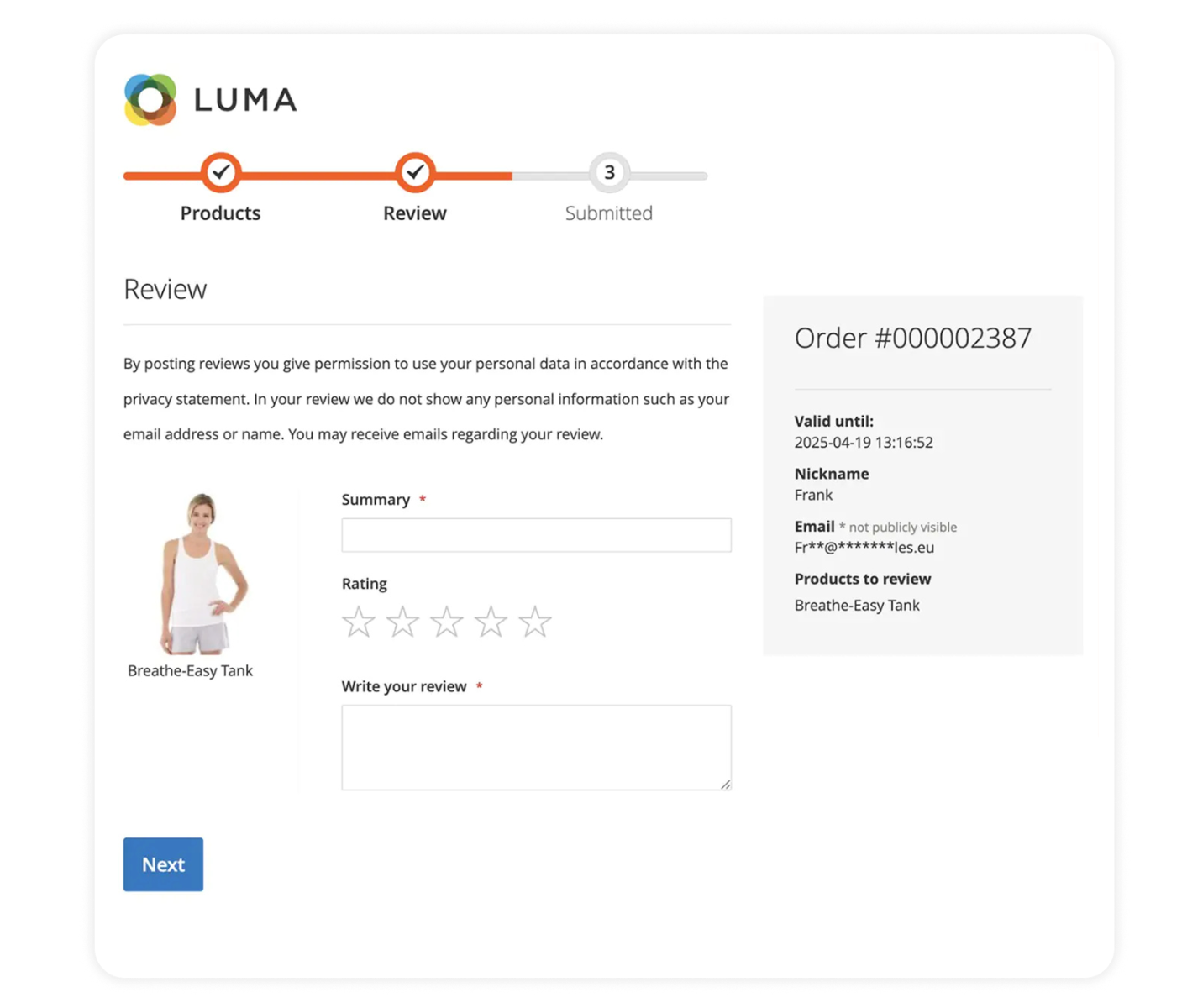 Magento 2 branded review submission form