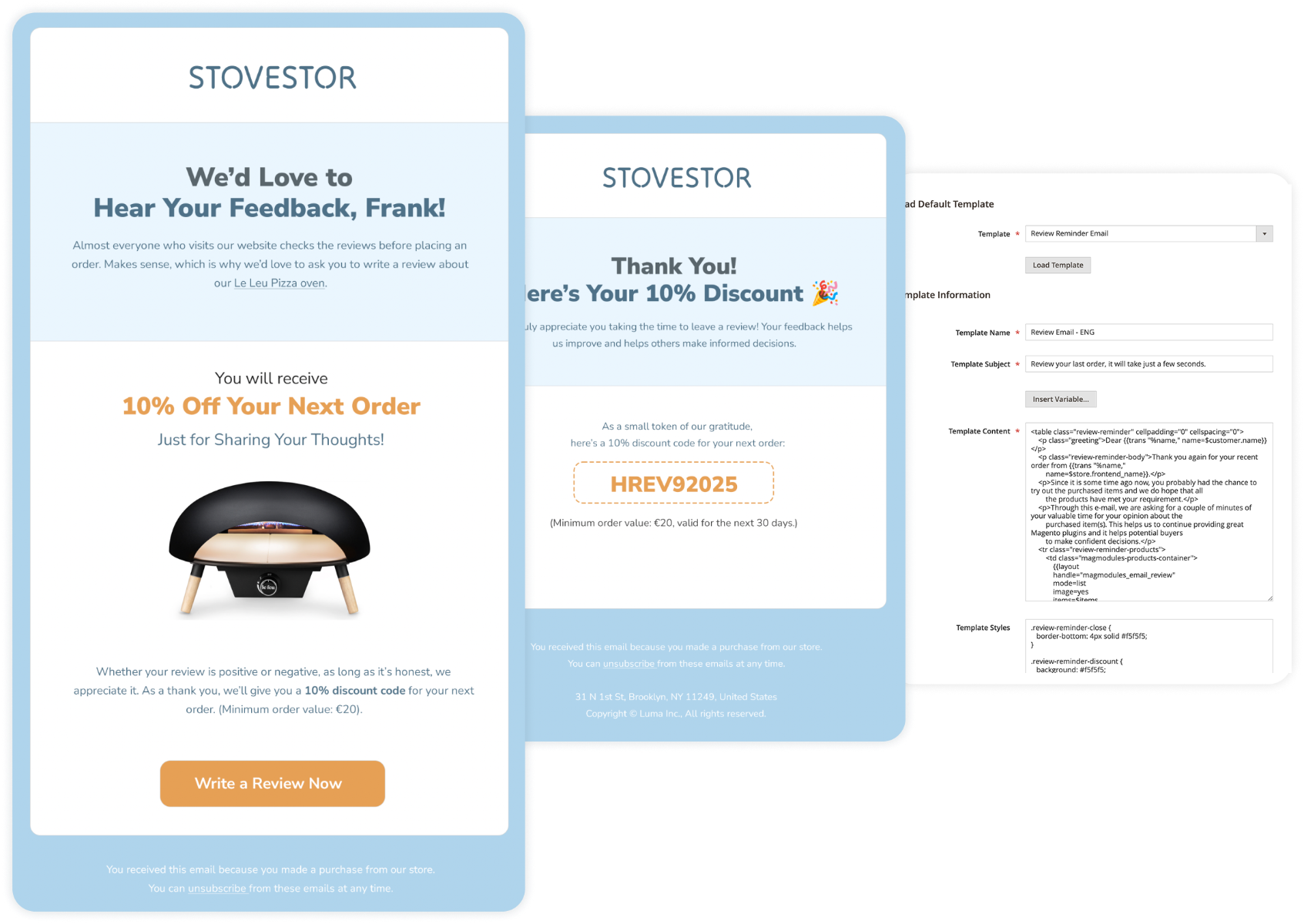 Magento 2 review reminder email preview with real order data