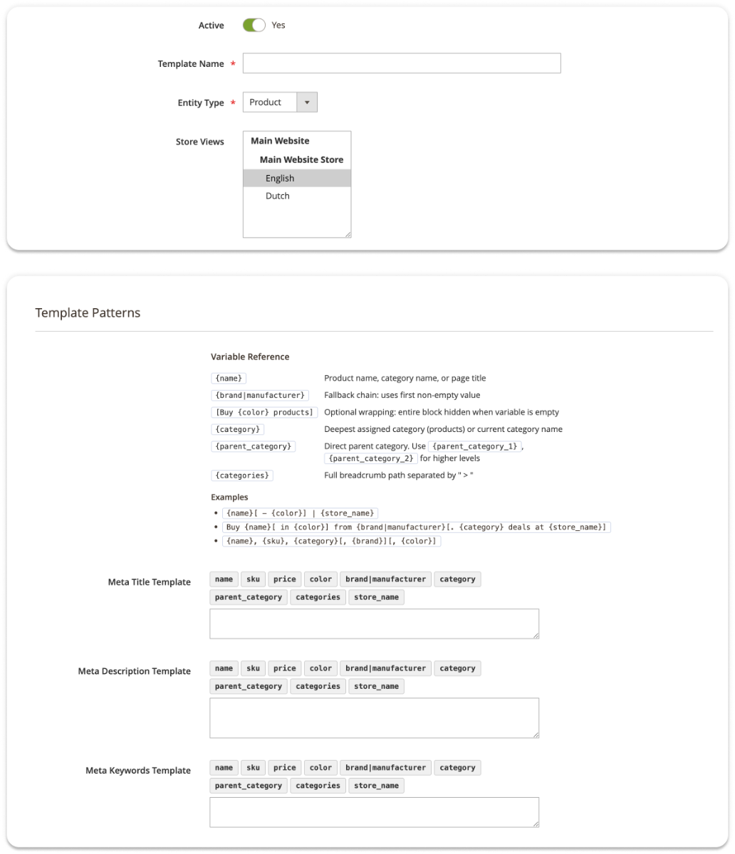 Magento 2 SEO Meta Templates admin grid