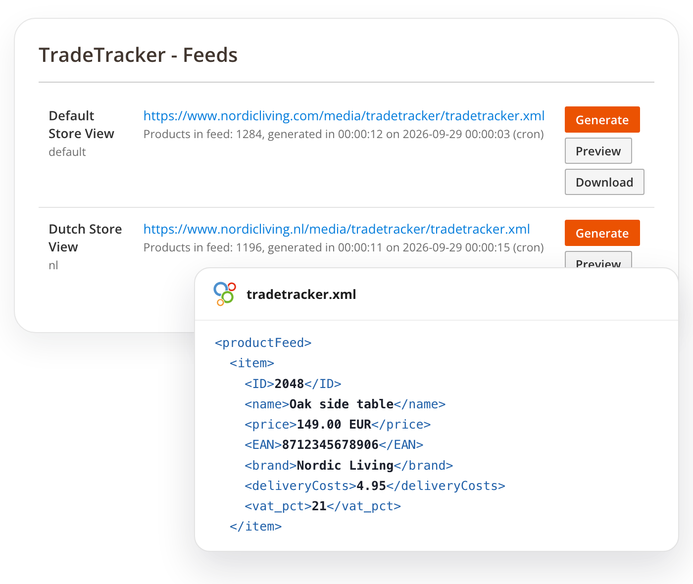 TradeTracker XML product feed in the Magento 2 admin