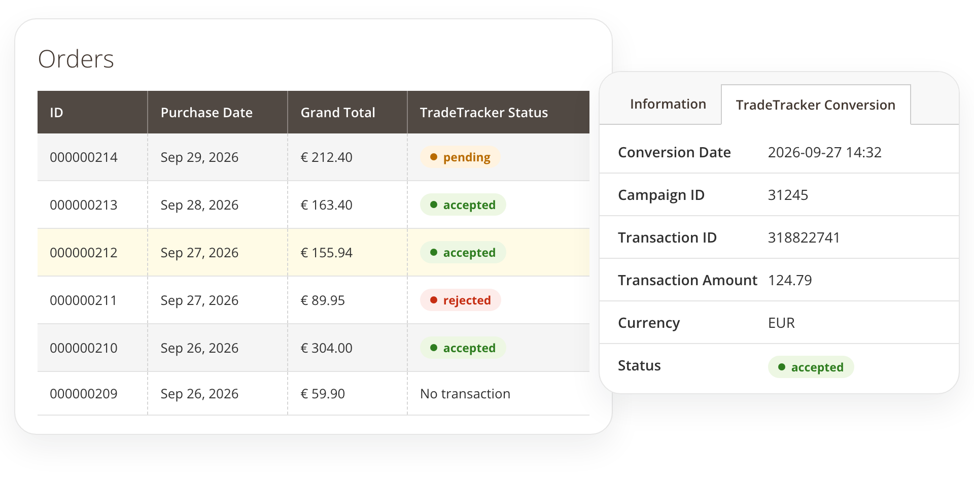 TradeTracker transaction status in the Magento 2 order grid and order view